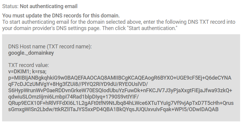 screenshot of a Google Workspace DKIM record to authenticate emails
